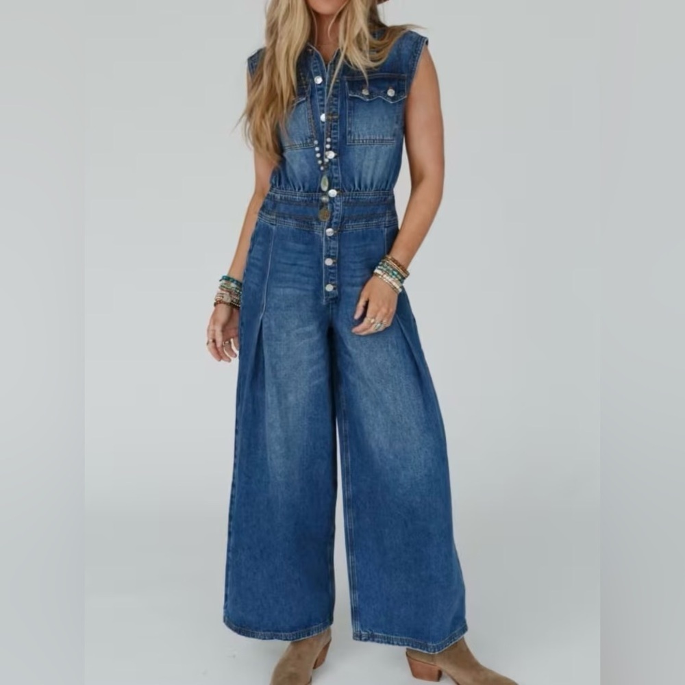 NWT Bluivy Denim Sleeveless Button Up Barrel Horseshoe Jean Jumper Jumpsuit - Picture 9 of 9